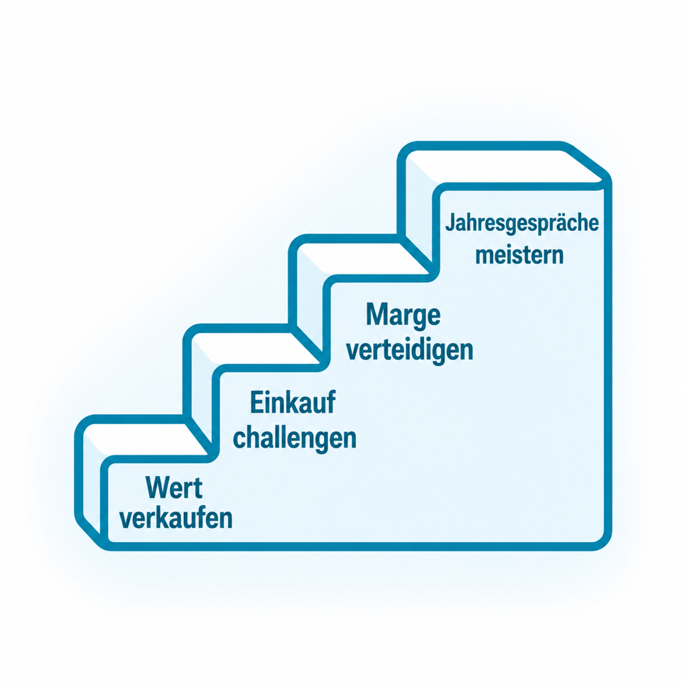 Vier Programme als Stufenmodell: Wert verkaufen, Einkauf challengen, Marge verteidigen, Jahresgespr&auml;che meistern